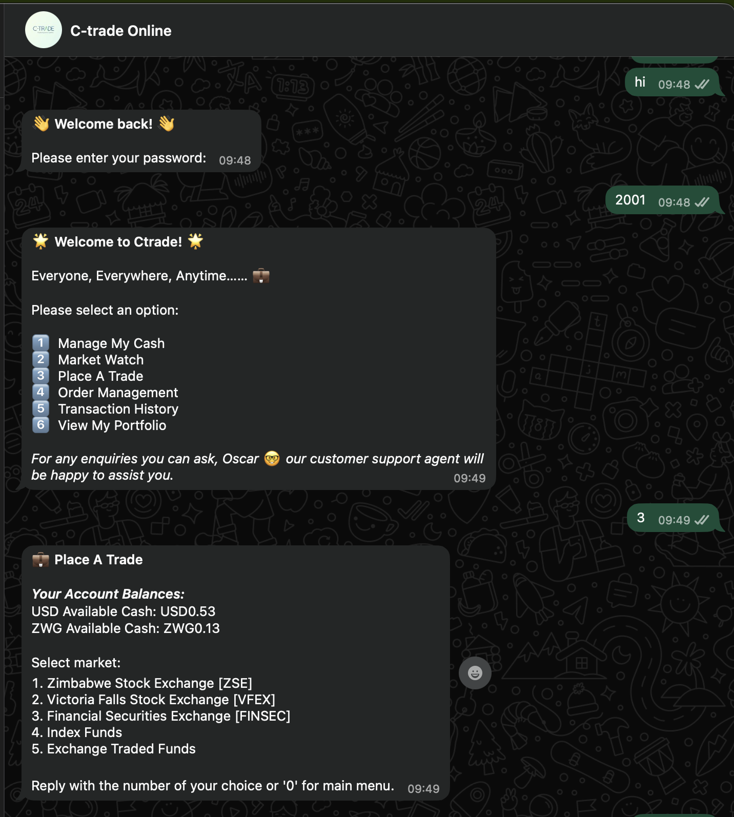 C-TRADE Chatbot main WhatsApp interface