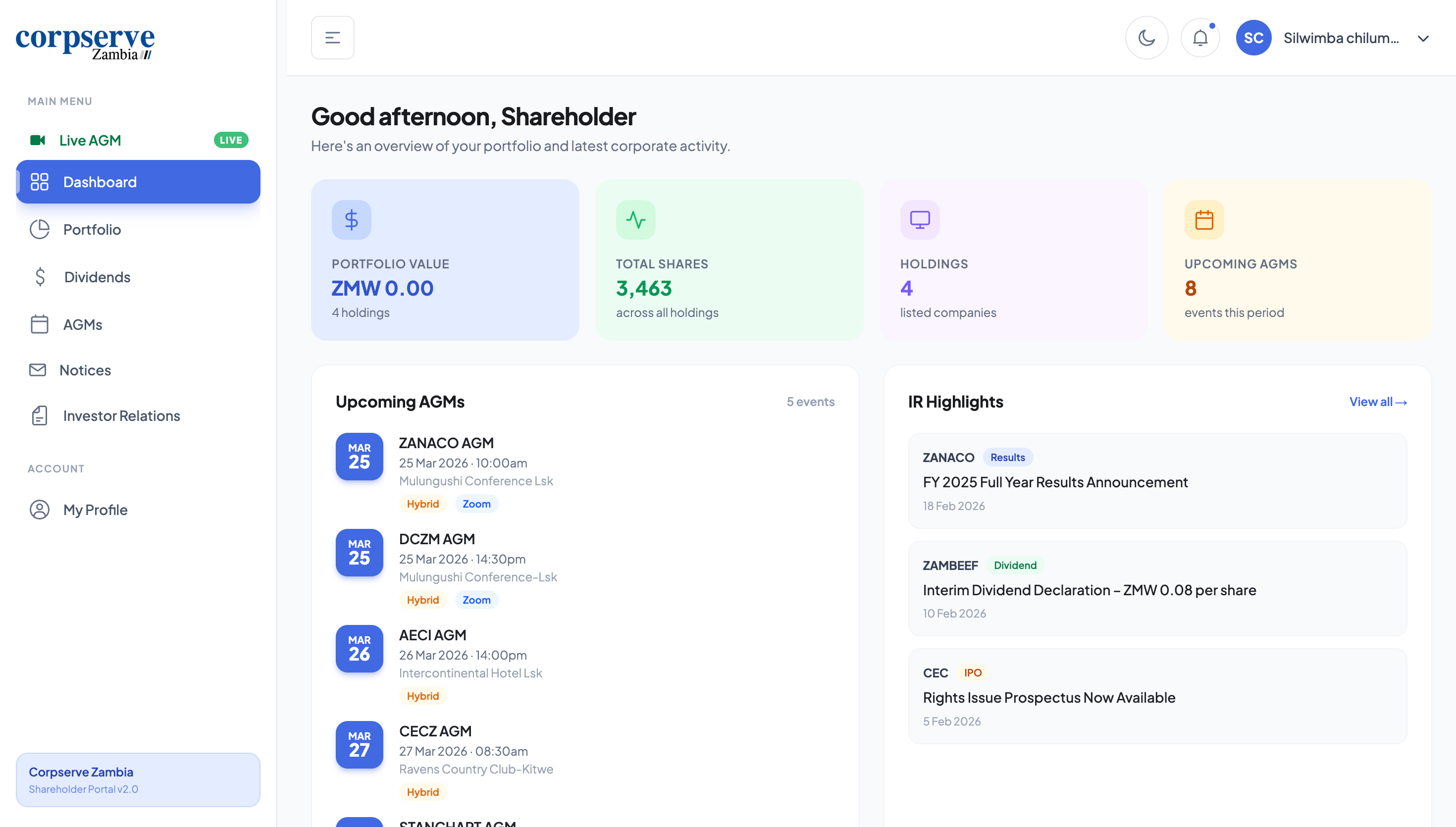 Corpserve Zambia Shareholder Dashboard